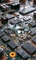 Complex electronic circuit board and shattered glass a symbol of technological fragility innovation photo