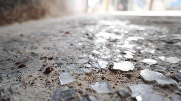 A ground level view of a concrete surface with scattered shards of glass reflecting the light intensely photo