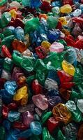 Multicolor array of recycled plastic fragments creating visual intrigue and ecological awareness with unique shapes photo