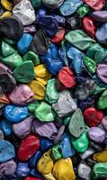 A captivating collection of colorful crushed plastic bottles creating an intriguing visual display of recycled materials photo