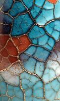 Intricate mosaic of turquoise and terracotta hues creating a vibrant textured surface with aged lines photo