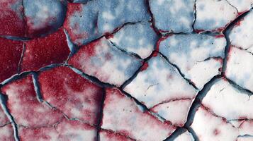 Intriguing close up of aged cracked paint surface with red and blue tones creating a textured abstract pattern photo