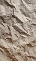 Close up view of a beige crumpled paper texture showing all the creases and wrinkles for background use photo