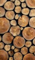 Natural wooden background featuring stacked tree trunk sections creating a warm organic texture pattern perfect for design photo