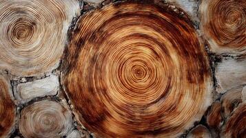 Aesthetic cross section of tree trunks showcasing natural patterns and texture harmony in woodland logs photo