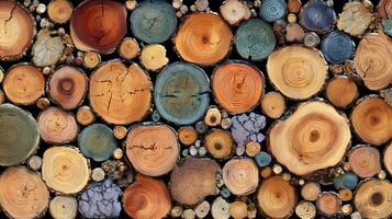 Abstract arrangement of colorful wooden tree rings showcasing growth and timeless patterns of nature photo