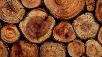 Stacked tree trunks creating a textured pattern with visible growth rings in warm brown tones photo