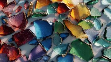Colorful glass shards create a vibrant mosaic abstract texture on a clean white surface backdrop art photo