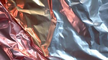 Iridescent texture showing silver rose gold and gold foil creating abstract light and shadow pattern photo
