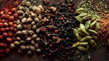 Aromatic and Colorful Display of Assorted Spices, Herbs, and Seeds for Culinary and Health Uses photo