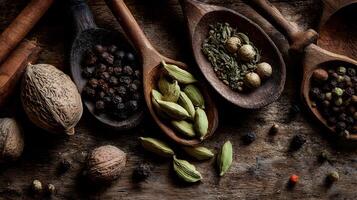 Rustic Wooden Spoons Filled with Aromatic Spices on Weathered Wood Background for Flavorful Delights photo