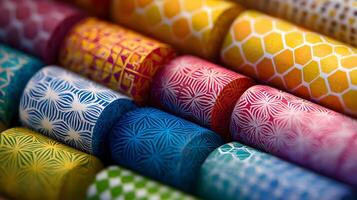 Vibrant array of patterned cylinders in a mesmerizing close up view creating a visually stunning composition photo