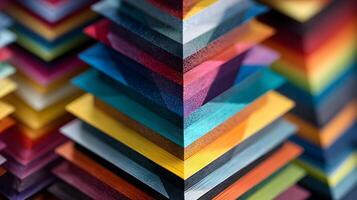 Geometric harmony vibrant color stacks create depth perspective artistic arrangement colorful paper layers photo