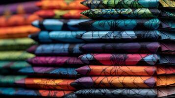 A vibrant stack of multicolored paper with intricate designs creates an artistic presentation photo