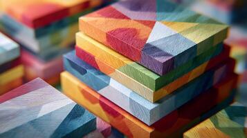 Colorful geometric wooden blocks arranged in a playful stack creating a vibrant and abstract composition photo