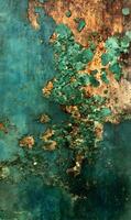 Abstract textural canvas depicting corroded metals in turquoise gold and brown hues creating depth and intrigue photo