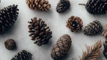 Collection of varied pine cones scattered across a clean white surface creating natural patterns photo