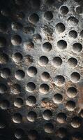 Detailed close up of a weathered metal surface with a pattern of recessed circles showing signs of age and wear with textures photo