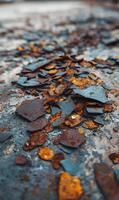 Close up capturing the textural details of rusted metal fragments creating a unique abstract surface weathered and worn down photo