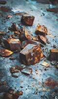 Rusty metal fragments scattered on a weathered surface revealing industrial decay and textured patterns of corrosion photo