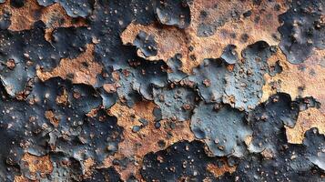 Dramatic metallic background showcases peeling paint layers in dark blues and bronze hues for striking texture photo