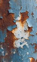 Abstract patterns formed by rusted metal and peeling blue paint, creating a textured surface and visual appeal photo