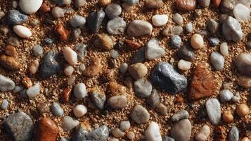 A captivating top down view showcases a dense collection of pebbles nestled within golden sand photo
