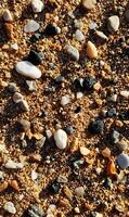 Sandy shore with smooth pebbles in various colors on a sunny day creating a natural texture and pattern photo