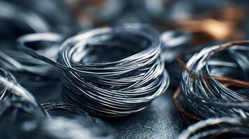 Close up shot displaying a coil of thin wires in focus with others slightly blurred background photo