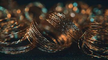Intricate Patterns of Copper Wire Twirl Against a Dark Backdrop Creating Abstract Circular Shapes photo