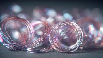 Abstract iridescent coil art with metallic wire creating a unique shimmering effect in soft light photo