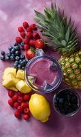 Fresh vibrant smoothie ingredients arrangement showcases healthy eating with pineapple blueberries lemon and raspberries photo