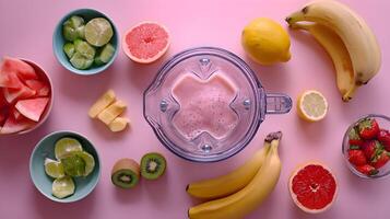 Fresh and vibrant smoothie preparation with an array of colorful fruits on a pink backdrop creating a healthy aesthetic photo