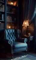 Inviting ambiance vintage reading nook features cozy armchair warm lamplight and curated bookshelf collection creating timeless atmosphere photo