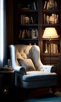 A cozy reading nook invites relaxation with a plush armchair soft lighting and filled bookshelves creating a warm atmosphere photo