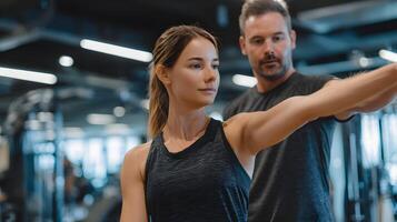 Fitness instructor coaching a woman during an exercise session in a modern gym facility photo
