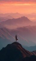 Serene yoga practice atop majestic mountains at dawn in natural peaceful surrounding atmosphere and wellbeing photo