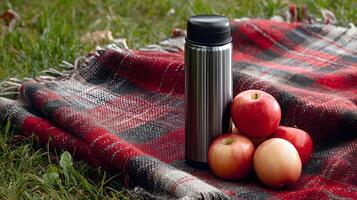 A serene outdoor picnic scene with a thermos and a cluster of red apples on a cozy plaid blanket photo