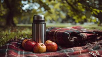 A picnic setup with apples, a thermos and a cozy blanket evokes warmth and autumnal mood outdoors photo