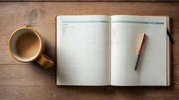 Open planner on a wooden desk with a cup of coffee and a pen ready for scheduling and planning photo