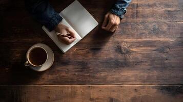 Creative workspace view of writing in journal with coffee cup inspiration concept productivity photo