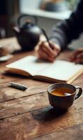 Morning ritual of writing and tea creating a peaceful start to the day in a cozy atmosphere of serenity photo