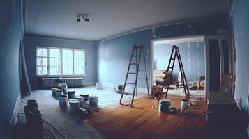 Interior renovation project in progress reveals paint cans ladders and drop cloth in a home setting photo