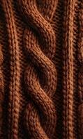 Detailed shot of knitted brown wool showcasing intricate cable patterns and warm earthy tones creating a cozy texture photo