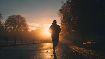 Silhouette of a lone runner embraces the golden sunrise in a misty park promoting health and wellness photo