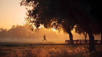 Morning jog in the park at sunrise with trees and fog creating a scenic running backdrop photo