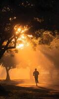Silhouette of a runner in a park enveloped by golden sunlight during early morning workout freshness photo
