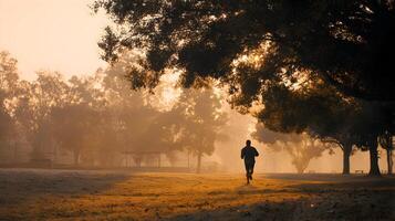 Man running through golden sunlit park on a misty morning for health and fitness routine photo