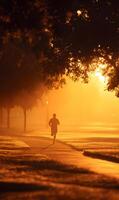 Silhouette runner achieving fitness goals jogging through misty twilight park environment during golden hour photo