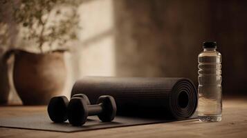 Wellness essentials serene scene of yoga mat dumbbells and water bottle ready for workout session photo